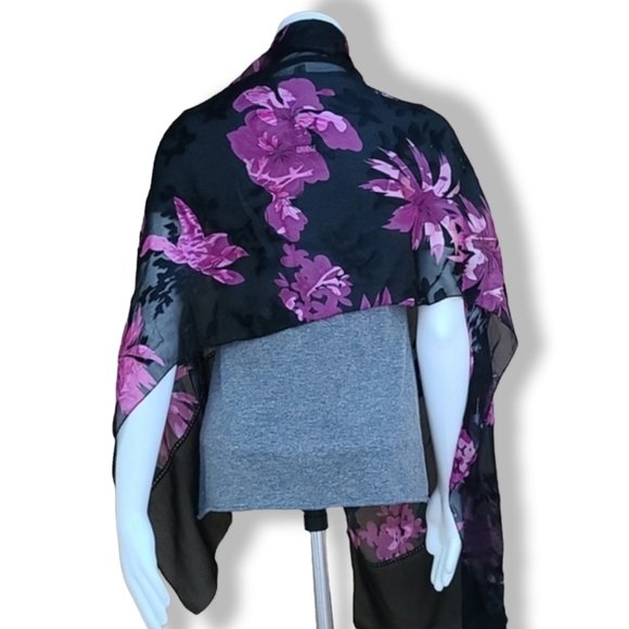 EGYPT Black Purple Floral Rectangular Scarf Semi Sheer Burnout Wrap Shayla Hijab - Picture 8 of 15